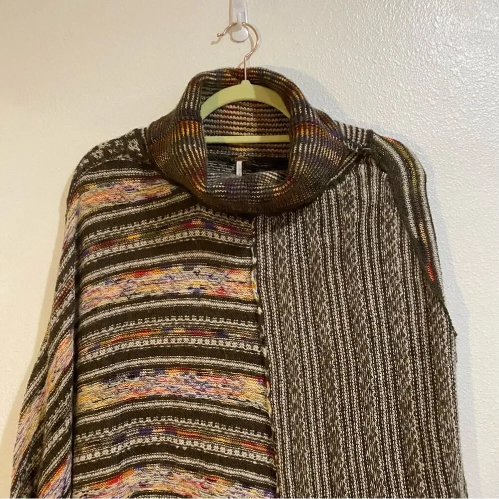Free People Brown Multi Wool Alpaca Knit Poncho Sz S - Picture 3 of 12